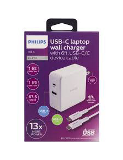 Philips AC Laptop Charger Dual Port USB/USB C 67.5W, 6' C-C Cable