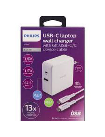 Philips AC Laptop Charger Dual Port USB/USB C 67.5W, 6' C-C Cable